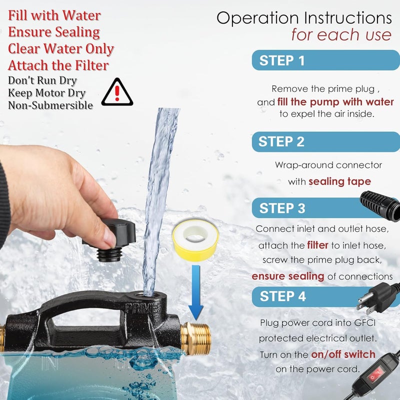 KITLUCK Water Transfer Pump, 120V 1/2 HP 1500GPH Cast Iron Portable Electric Utility Water Pump, Heavy Duty High Pressure Transfer Pump with ON/OFF Switch, Suction Strainer and Brass Connectors - Image 4